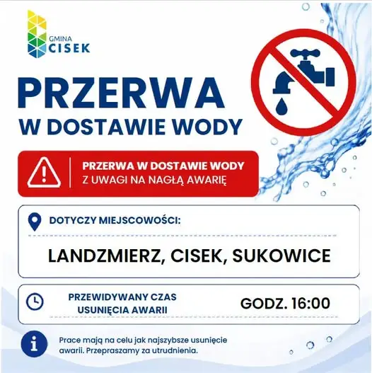 Przerwa w dostawie wody w gminie Cisek – awaria sieci wodociągowej