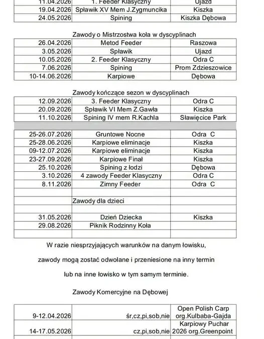 Harmonogram zawodów wędkarskich Koła PZW Reńska Wieś Kofama na 2026 rok
