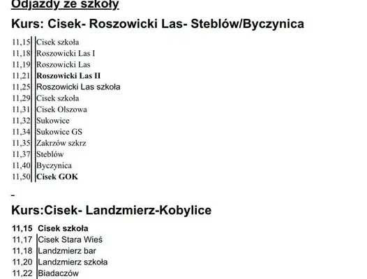 Rozkład jazdy autobusów szkolnych w gminie Cisek na rok szkolny 2026/2027
