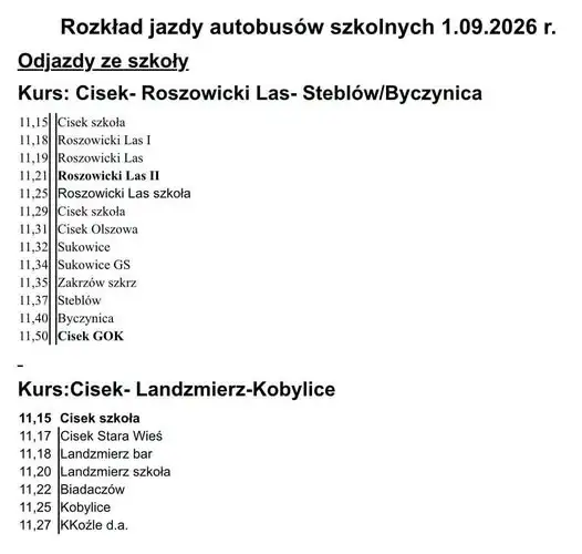 Rozkład jazdy autobusów szkolnych w gminie Cisek na rok szkolny 2026/2027