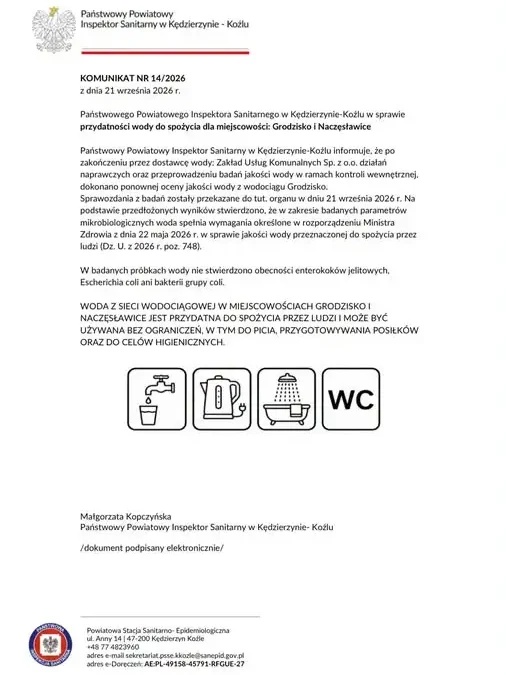 Woda w Grodzisku i Naczęsławicach znów zdatna do picia