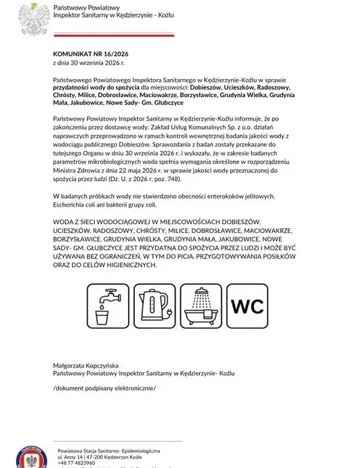 Woda w gminie Pawłowiczki bezpieczna – sanepid potwierdza przydatność do spożycia